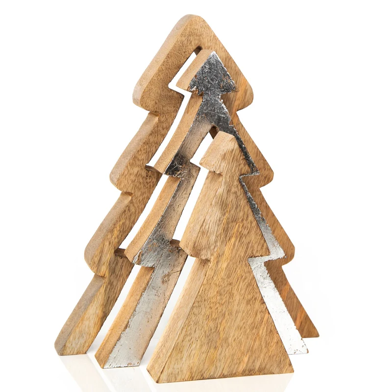 3-tlg. Weihnachtsbaum zum Ineinanderstecken aus Holz braun Silber 28 cm