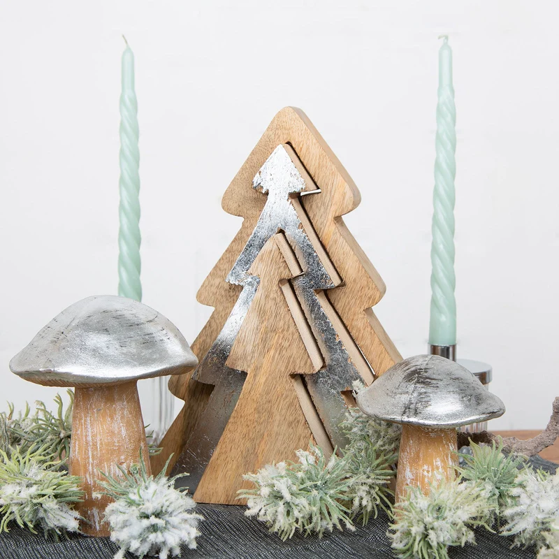 3-tlg. Weihnachtsbaum zum Ineinanderstecken aus Holz braun Silber 28 cm