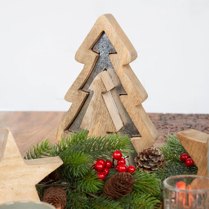 3-tlg. Weihnachtsbaum zum Ineinanderstecken aus Holz braun Silber 28 cm
