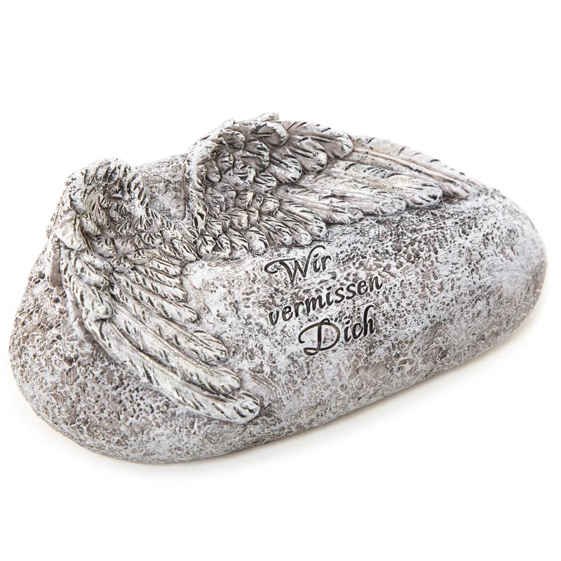 Gedenkstein "Wir vermissen dich" mit Engelsflügeln grau silber 20 x 11,5 x 7 cm