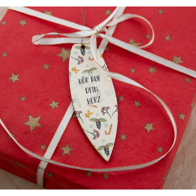 8 Zapfen Weihnachtsanhänger mit Sprüchen - Baumschmuck Natur bunt 12 x 4 cm