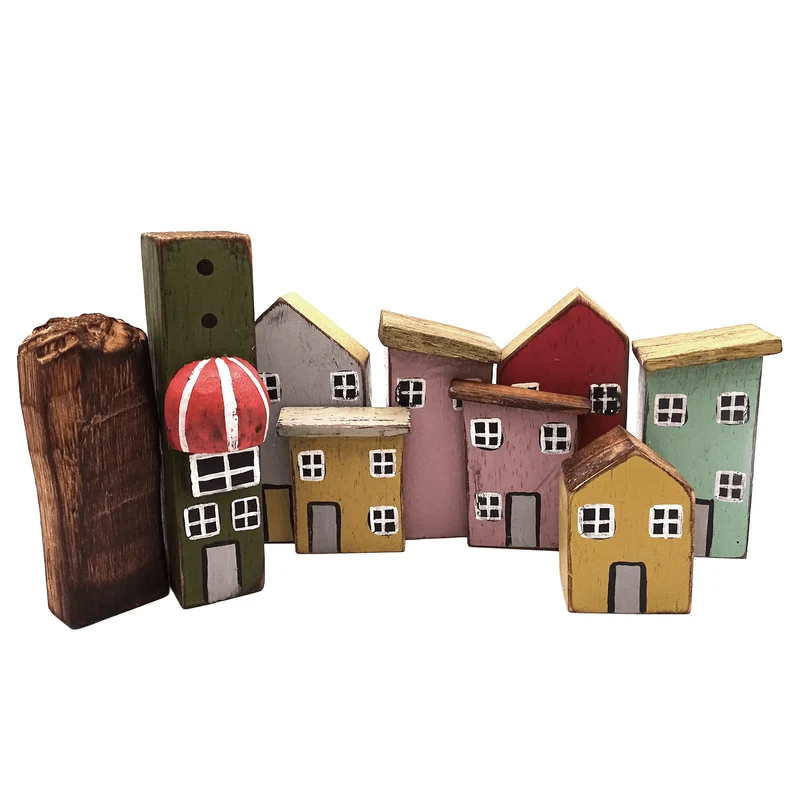 Logbuch-Verlag Holzhäuser 6er-Set Vintage 29x4x12 cm – Dekofigur Häuserzeile aus Albizia-Holz – Bunte Fensterbank-Deko Landhausstil