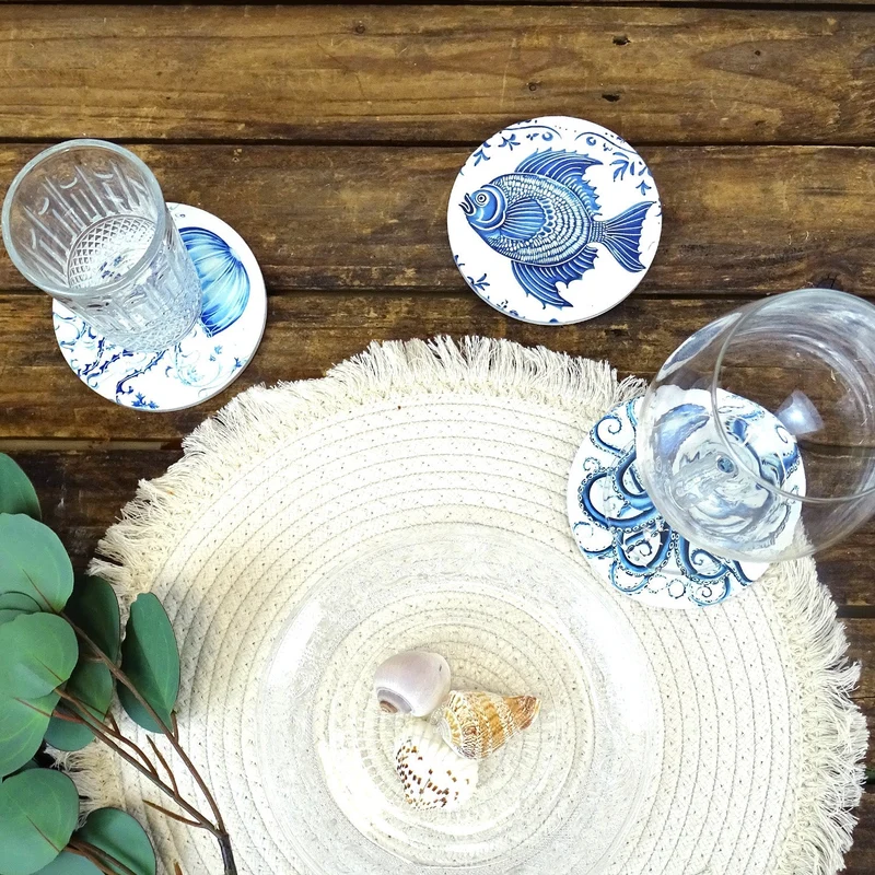 Logbuch-Verlag Keramik-Untersetzer Set 6-TLG. 10,3 cm – runde Blaue Meeresmotive: Oktopus, Fisch, Qualle u.?a. – Maritime Untersetzer Blau-Weiß