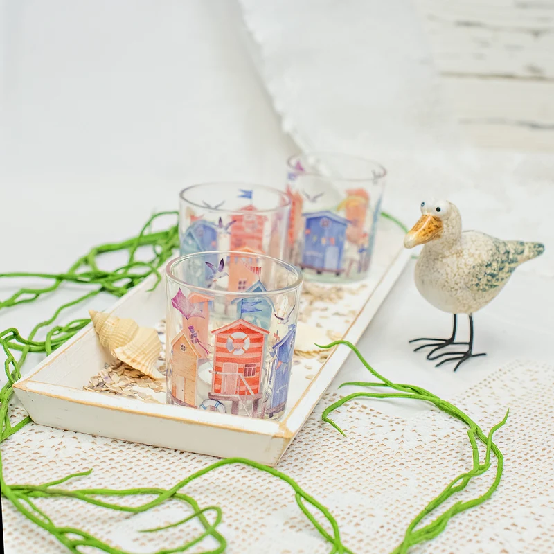 3er Set Teelichthalter Glas 7x7x8 cm – Windlichter mit Buntem Häuser-Motiv, Glaslichter als Deko für Fensterbank, Tisch oder Balkon – Logbuch-Verlag
