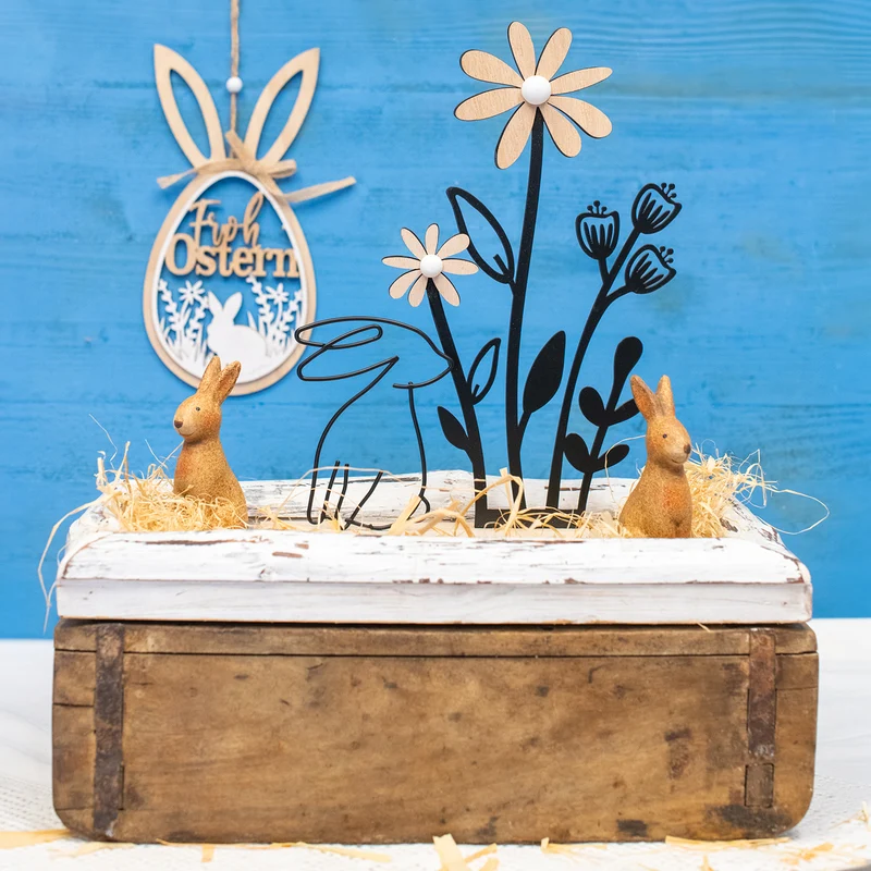 Moderne Osterdekoration zum Hinstellen Hase mit Blumen 19 x 27 cm