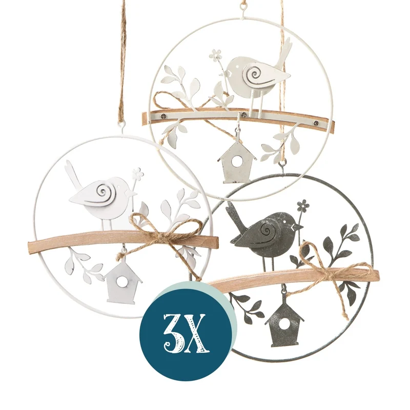Logbuch-Verlag Frühling Deko Set 3 kleine Kränze mit Vogel beige grau weiß Frühlingsdekoration Fenster Ø 13,5 cm