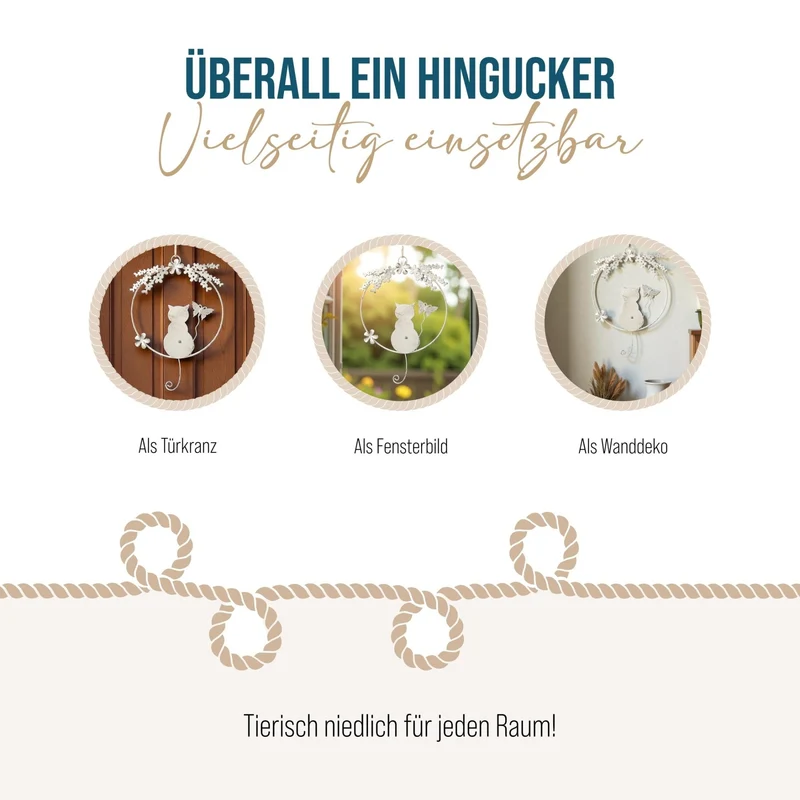 Katze Dekokranz für Tür und Wand - Geschenkidee für Katzenbesitzer Creme beige Ø 20 cm