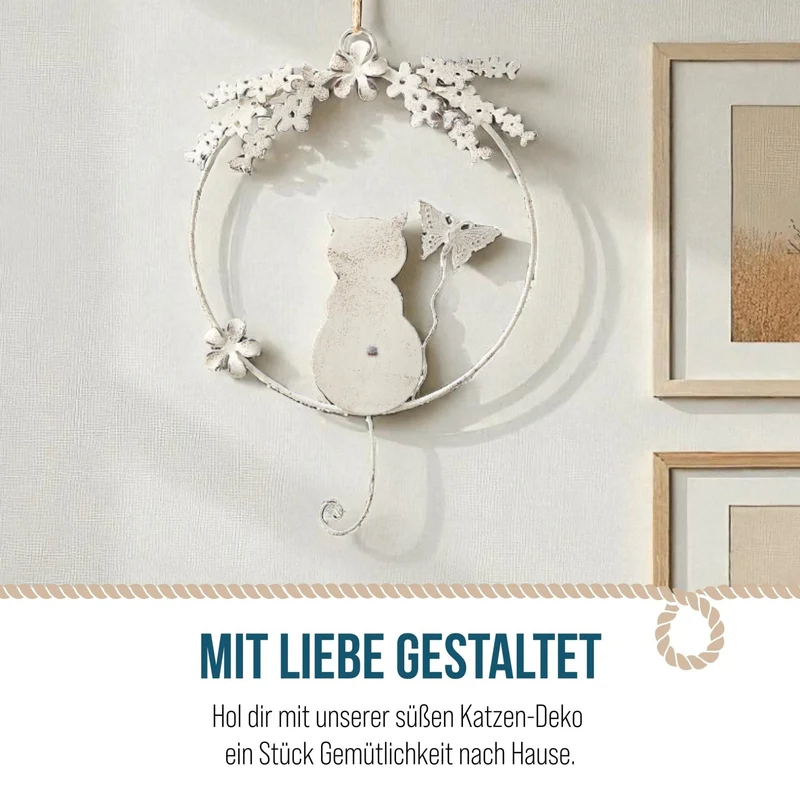 Katze Dekokranz für Tür und Wand - Geschenkidee für Katzenbesitzer Creme beige Ø 20 cm