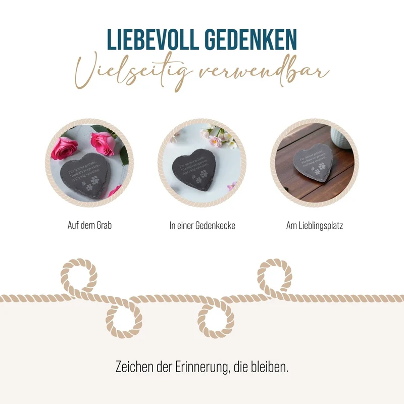 Kleines Herz Gedenkstein Andenken für Tiere 12 x 12 cm Schieferplatte grau