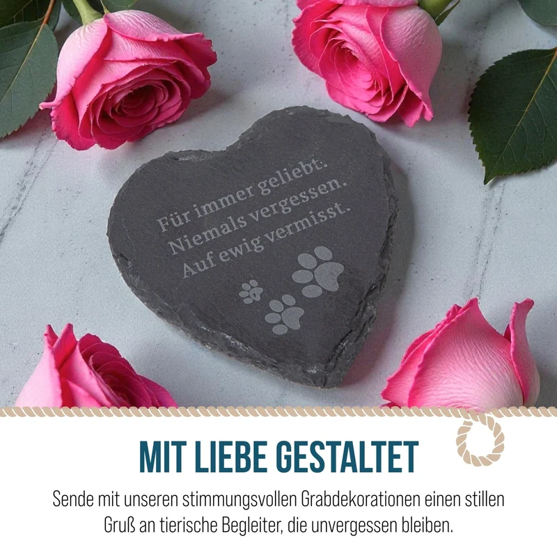 Kleines Herz Gedenkstein Andenken für Tiere 12 x 12 cm Schieferplatte grau