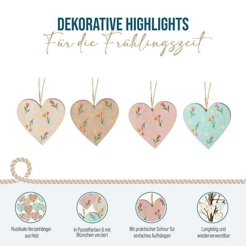 Logbuch-Verlag 12 Holzherzen zum Aufhängen Pastell bunt Herz Anhänger Osterdekoration Frühling Hochzeit Deko 7 cm