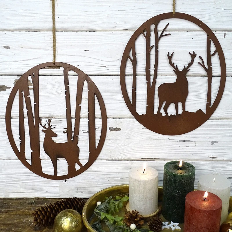 Türkranz Weihnachten Winterdeko mit Hirsch 26 x 30 cm Rostbraun Metall