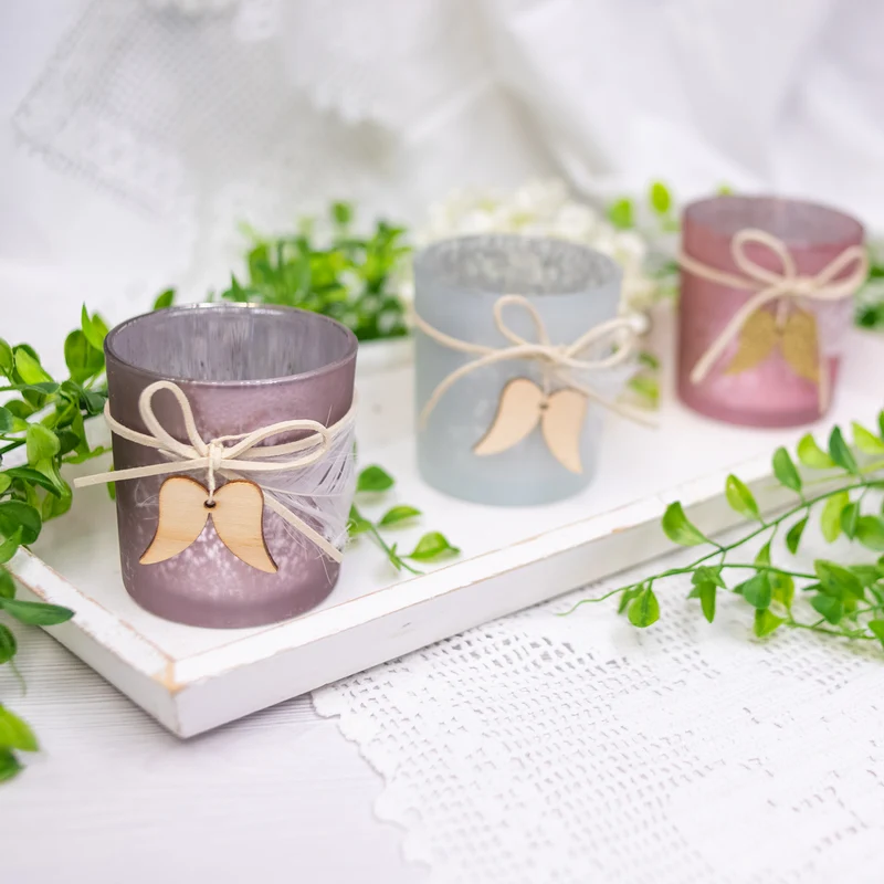 Kerzenhalter 3er-Set rosa lila weiß mit goldenen Flügeln 7,3 x 8 cm