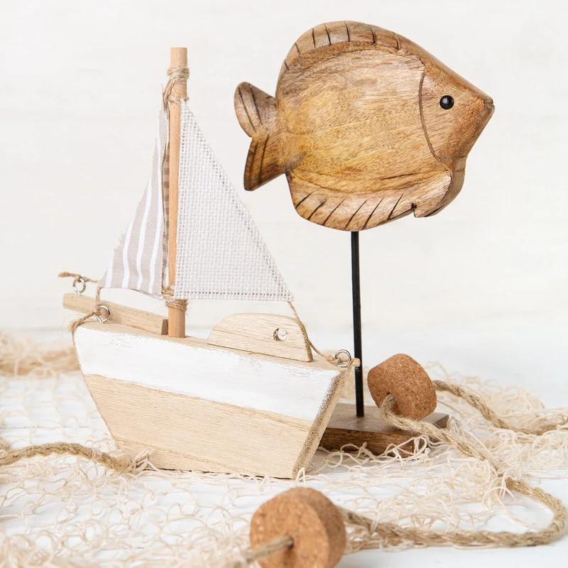 Holz Segelboot braun Natur Stoff-Segel Sommerdeko 26 cm Dekoration
