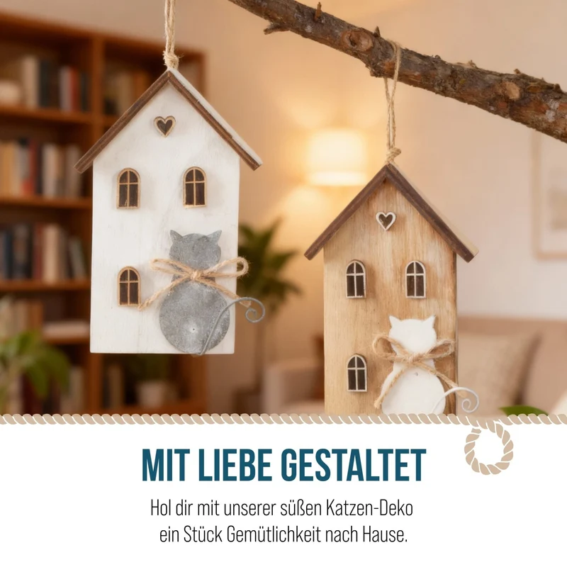 Logbuch-Verlag 2 Deko Häuser mit Katze Natur grau weiß Holz Geschenkanhänger Hängedekoration Frühling Katzendeko zum Aufhängen 8 x 14 cm
