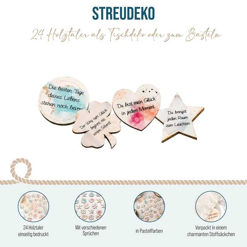 24 kleine Geschenke Glückstaler mit Sprüchen - Glücksbringer 4 cm