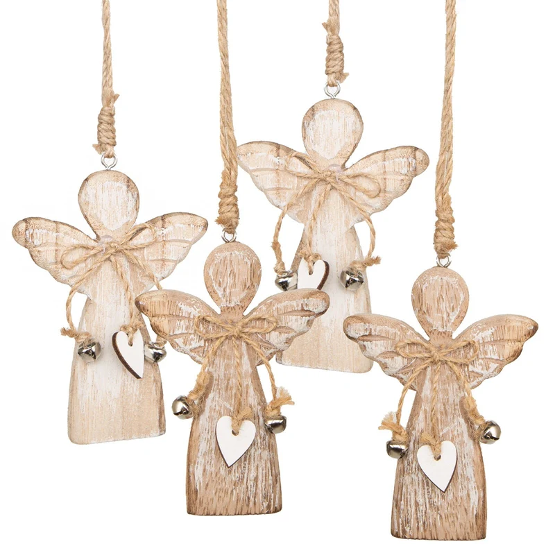 4 Holz Engel zum Aufhängen Weihnachtsengel Natur braun mit Herz 10,5 cm
