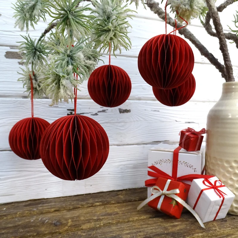6 Honeycomb Weihnachtskugeln rote Papierkugeln 8 cm