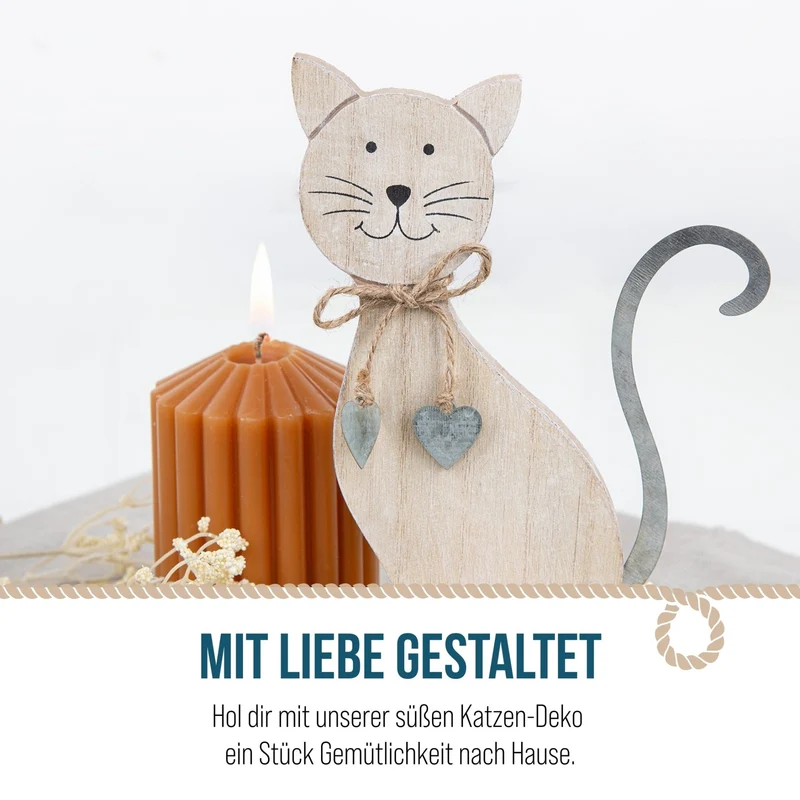 Katze aus Holz & Metall braun Silber - Katzenfigur zum Hinstellen 19 x 11 cm