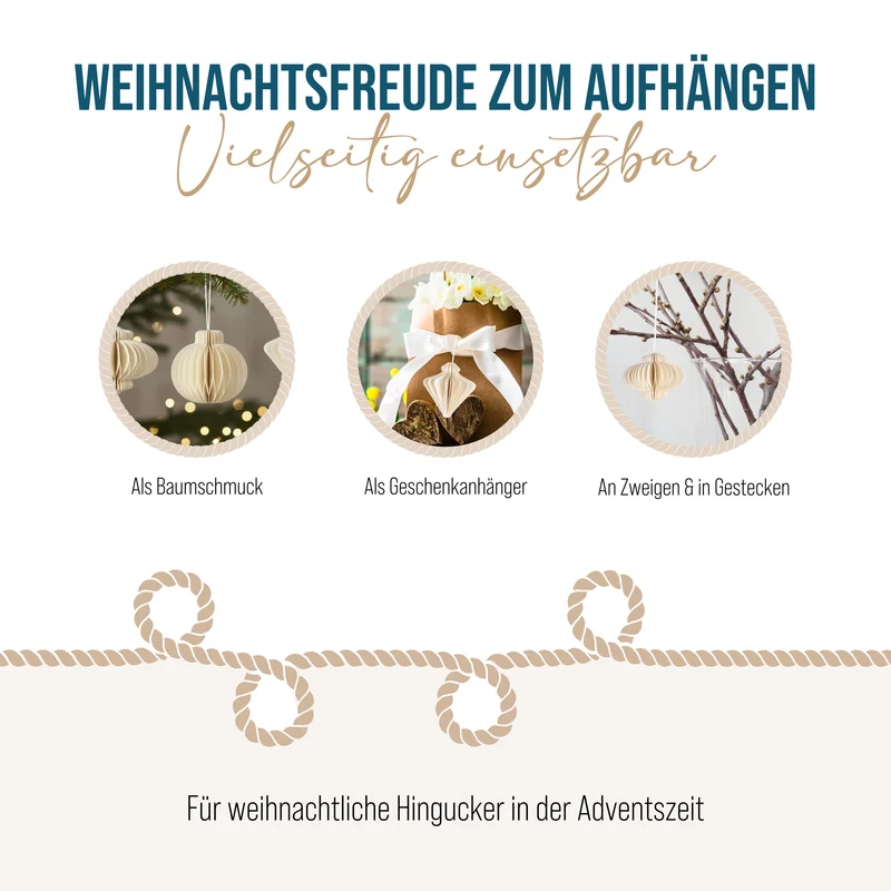 6 Weihnachtsbaumanhänger - Weihnachtskugeln in 3 Designs creme weiß 8 cm