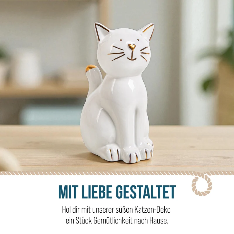 Katzenfigur aus Porzellan Weiß Gold Geschenk 13,5 cm