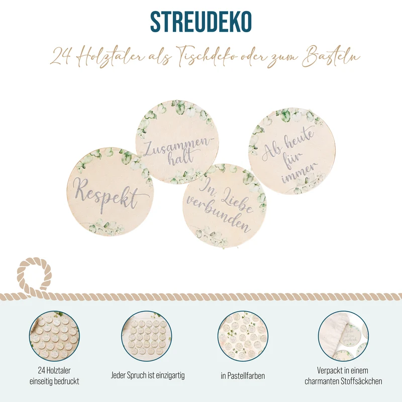 Logbuch-Verlag Eukalyptus Dekoration Hochzeit Streudeko Tischdeko 24 Holztaler Natur grün Sprüche Liebe Ø 4 cm