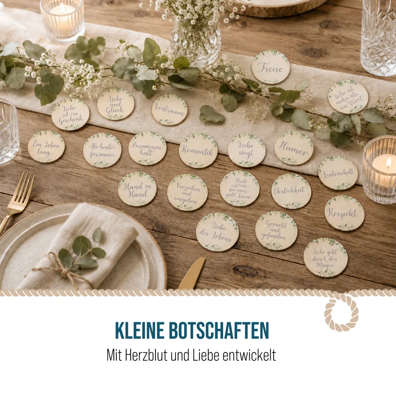 Logbuch-Verlag Eukalyptus Dekoration Hochzeit Streudeko Tischdeko 24 Holztaler Natur grün Sprüche Liebe Ø 4 cm
