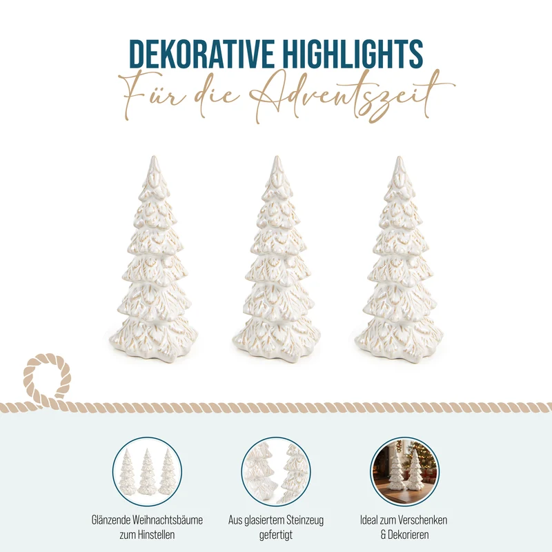 3 Weihnachtsbaum Figuren - creme beige aus Steinzeug 15-19,5 cm