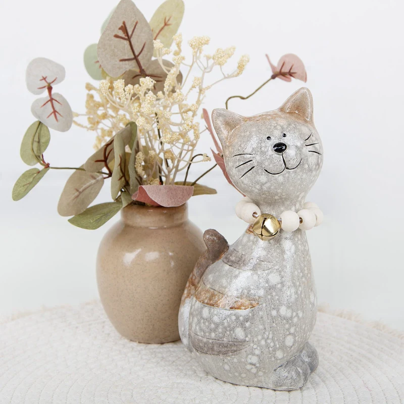 2 Deko Katzen grau braun aus Keramik - 18,5 cm Katzenbesitzer Geschenk