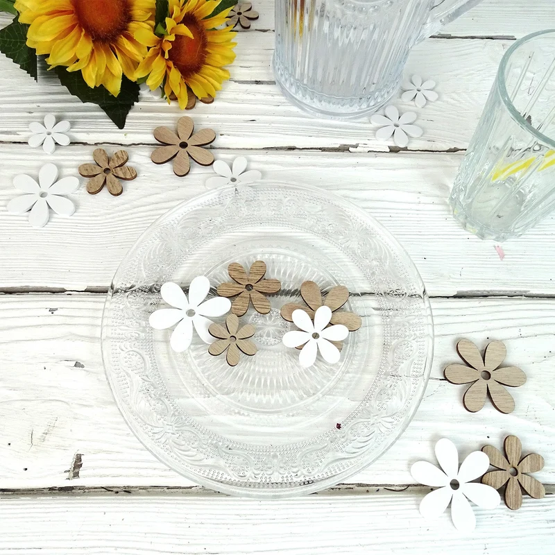 24 kleine Holz Blumen Streuteile braun weiß - Ostern Feste Hochzeit Deko 3-4 cm