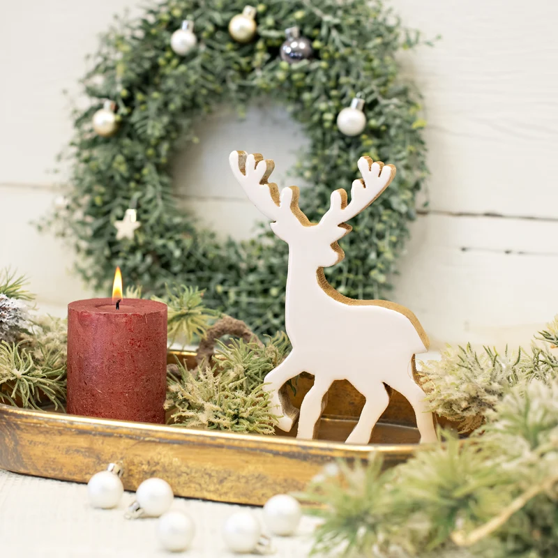 Hirsch Rentier Figur aus Holz weiß braun Deko Weihnachten Weihnachtsdekoration zum Stellen 15 x 21 cm