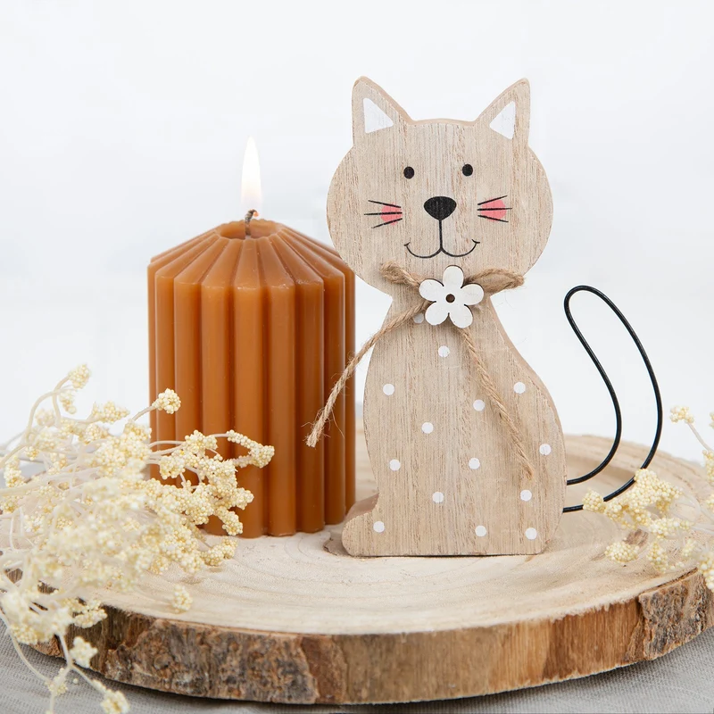Holz Katze Dekofigur braun weiß - Katzenfigur Ostern Frühling 15 cm