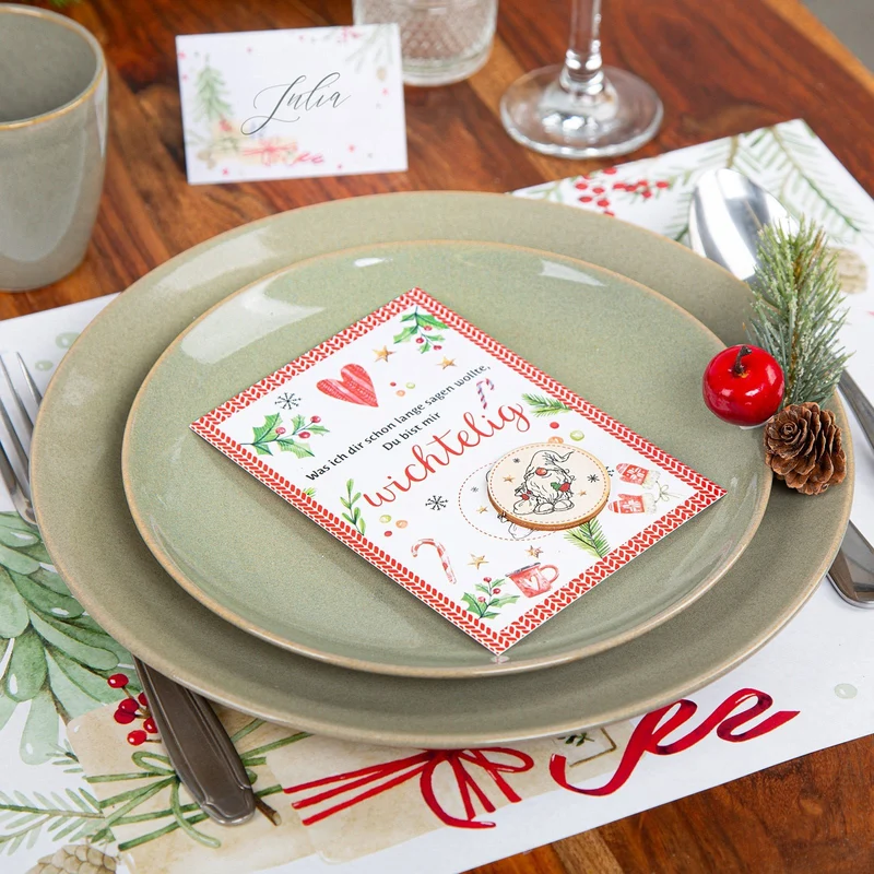 3 Weihnachtskarten DIN A6 – Wichtel-Spruch rot-grün mit Glückstaler aus Holz