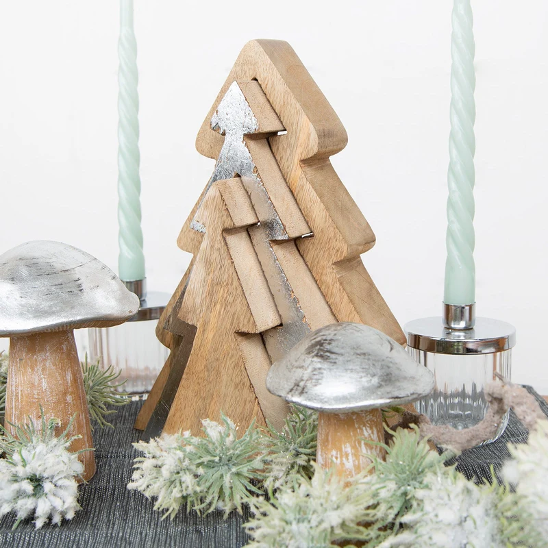 2 Holz Pilz Figuren Natur Silber - herbstliche Dekofiguren 12-15,5 cm