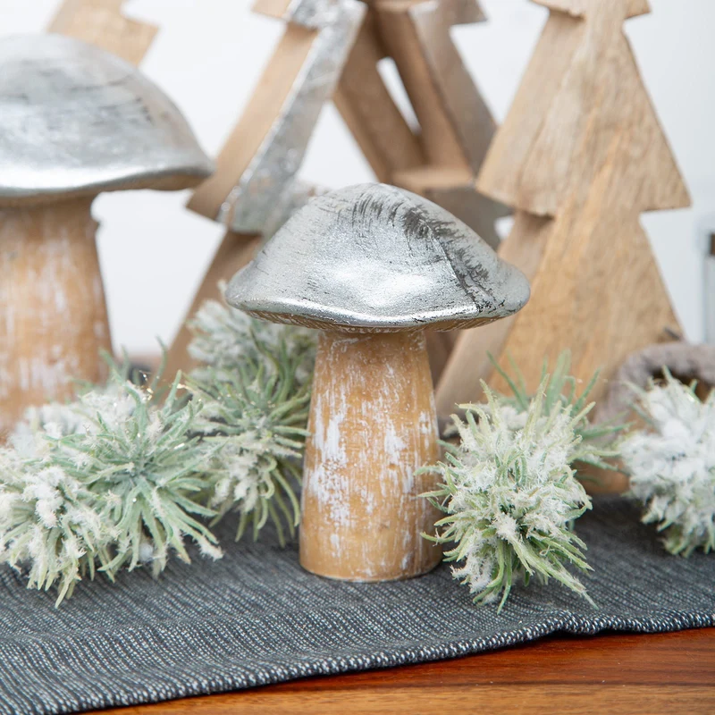 2 Holz Pilz Figuren Natur Silber - herbstliche Dekofiguren 12-15,5 cm