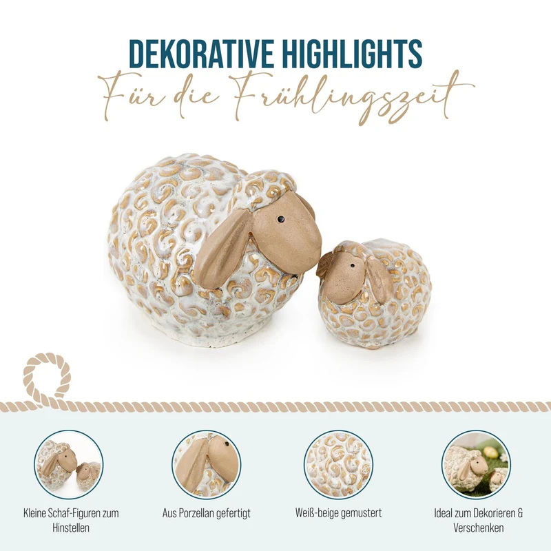 Logbuch-Verlag 2 Schafe Figuren aus Porzellan beige weiß Osterdekoration Tischdekoration Ostern 9,5-17 cm