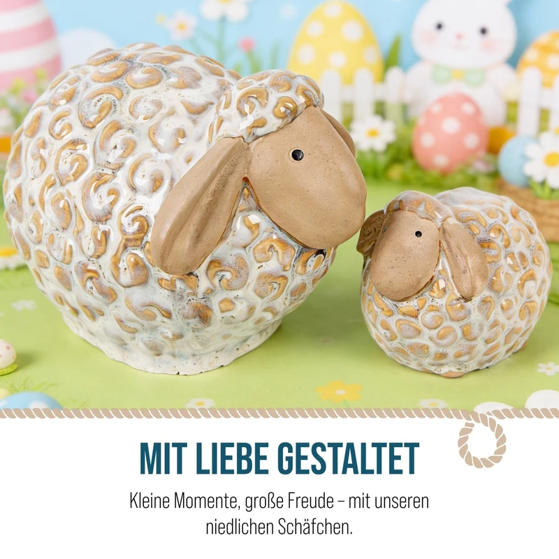 Logbuch-Verlag 2 Schafe Figuren aus Porzellan beige weiß Osterdekoration Tischdekoration Ostern 9,5-17 cm