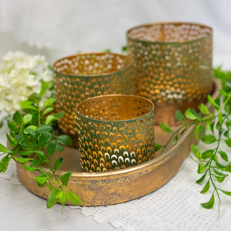 Logbuch-Verlag 3 Windlichter aus Metall kleine Laternen Kerzenhalter Gold grün Balkon Terrasse Deko Geschenk-Set 8-12 cm