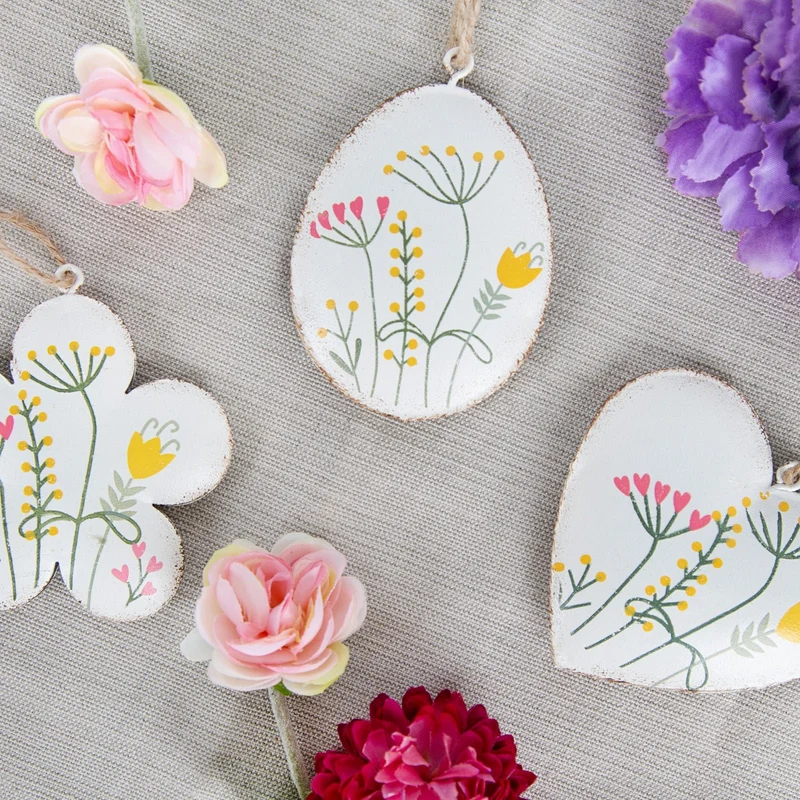 Osterdekoration Set - 3 Osteranhänger Ei Herz Blume weiß bunt zum Aufhängen 7,5 cm