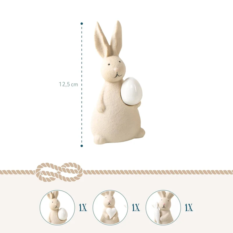 Logbuch-Verlag 3 Osterhasen Porzellan Figuren Creme weiß mit Herz Karotte & Osterei Osterdekoration stehend 13,5 cm