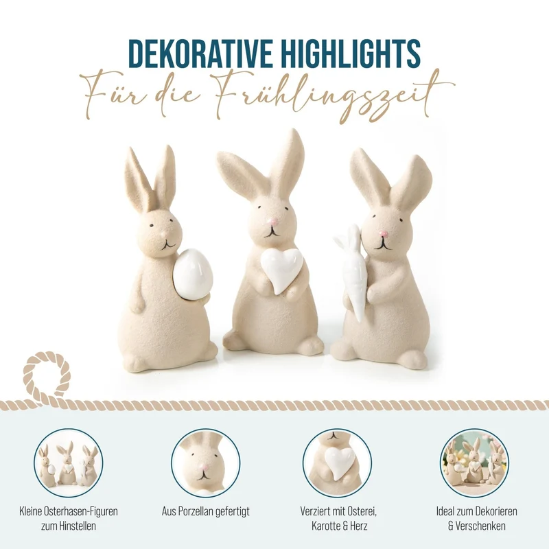 Logbuch-Verlag 3 Osterhasen Porzellan Figuren Creme weiß mit Herz Karotte & Osterei Osterdekoration stehend 13,5 cm