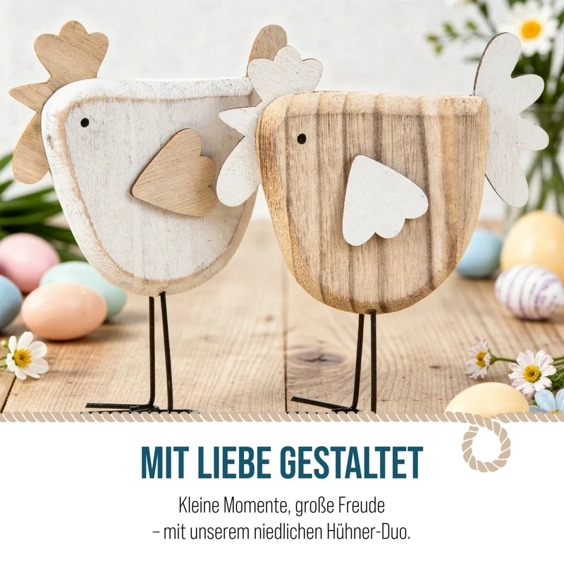 2 Holzhühner Natur weiß - zum Hinstellen Osterdekoration Hühner Paar 16 cm