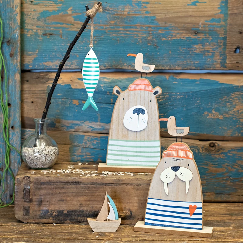 Logbuch-Verlag Holzfiguren Bär und Walross 2er-Set maritim 24 cm – Deko zum Hinstellen aus Holz für Kinderzimmer & Badezimmer